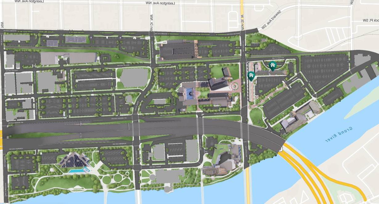 Map of the Robert C. Pew Grand Rapids campus and Grand Rapids housing options.